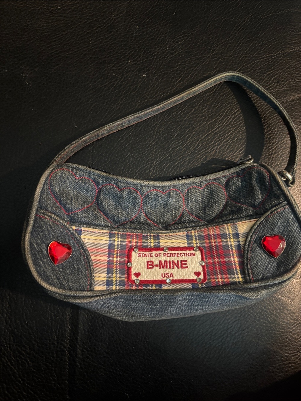 Vintage B-Mine Denim Heart Accent Shoulder Bag - Blue